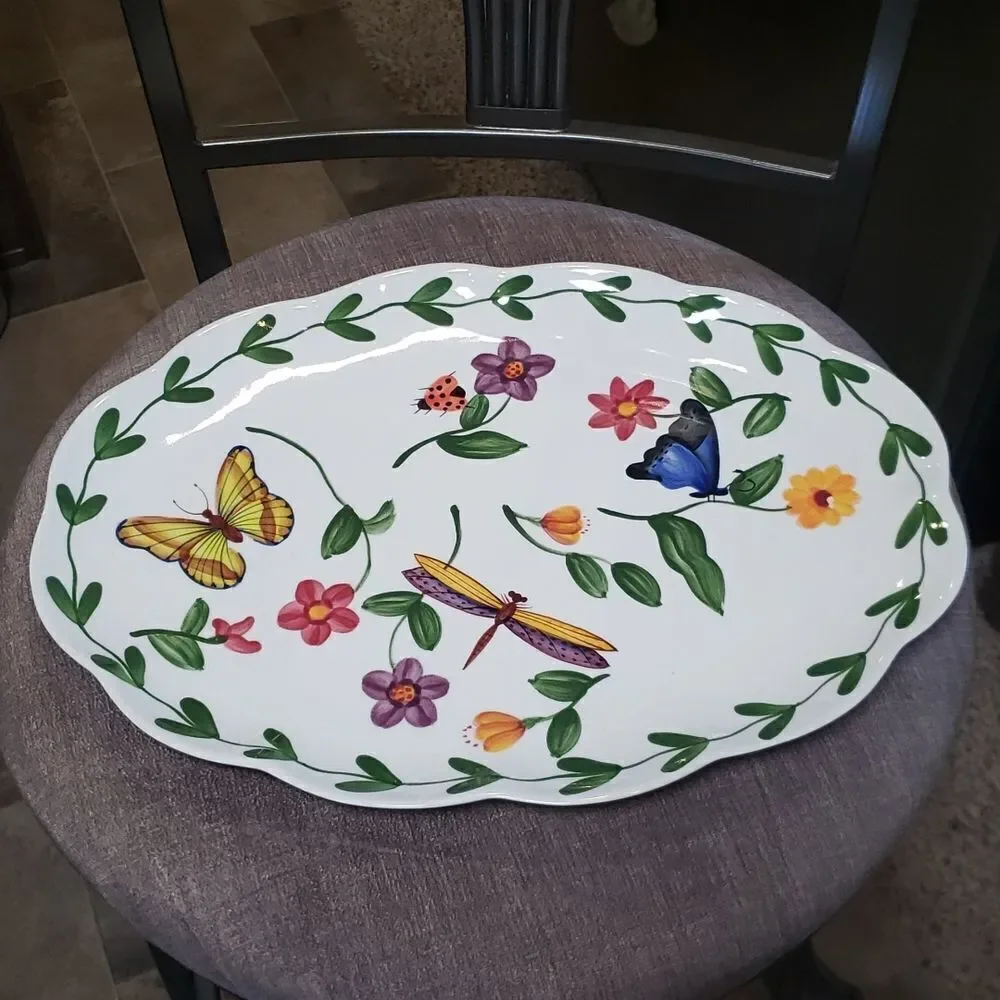 Vintage Handpainted Glazed Ceramic Serving Platter Butterfly Dragonfly Ladybug